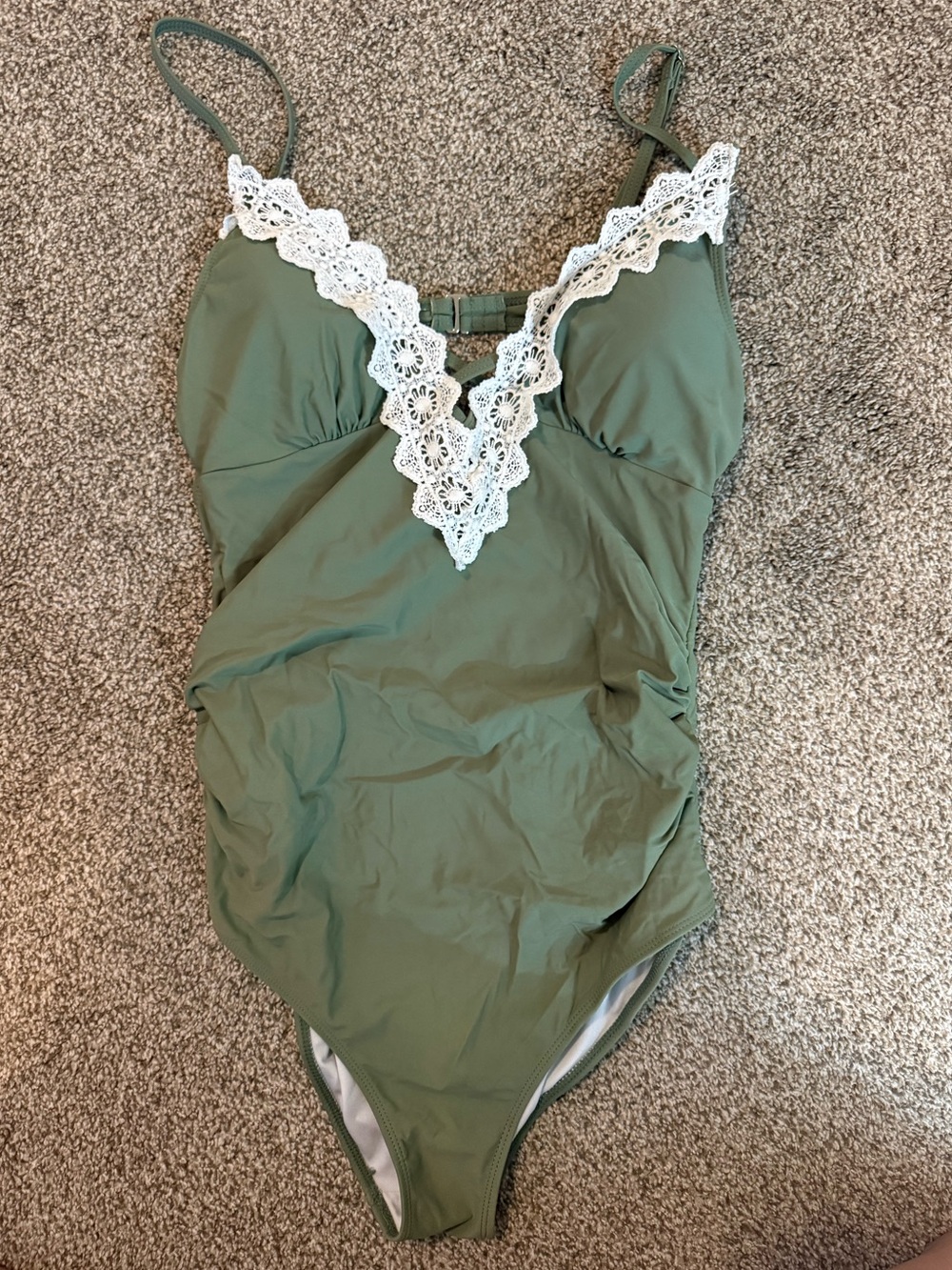 Olive Green Maternity One-Piece Swimsuit with White Trim